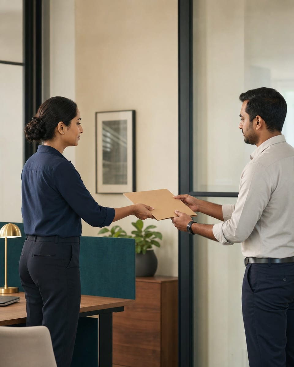 Two professionals completing a calm operational hand-off in a modern office.